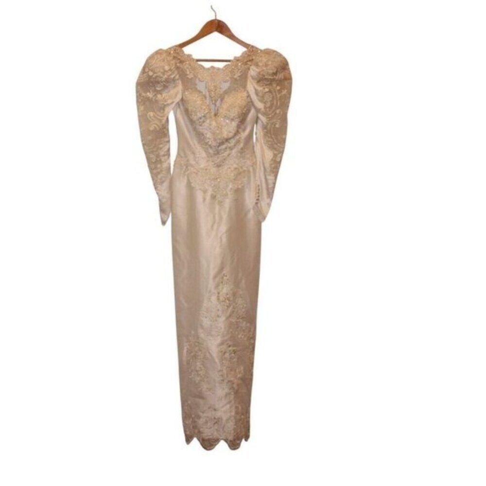 Vintage Sating Long Sleeve Embroidered Lace Wedding Gown With Beaded Details & P